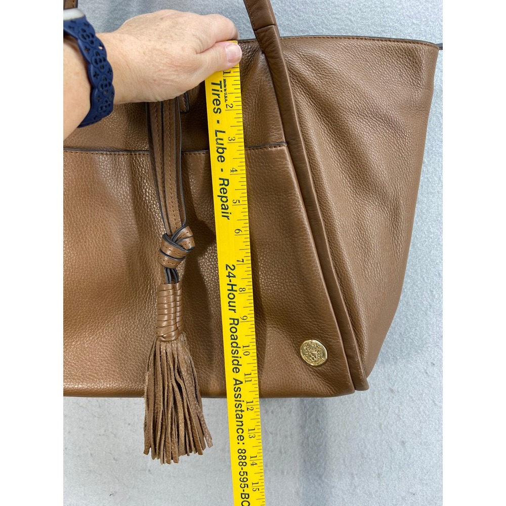 Vince Camuto Tote Bag Purse Genuine Leather Brown Tassel Gold Emblem‎ Shoulder - Picture 7 of 16
